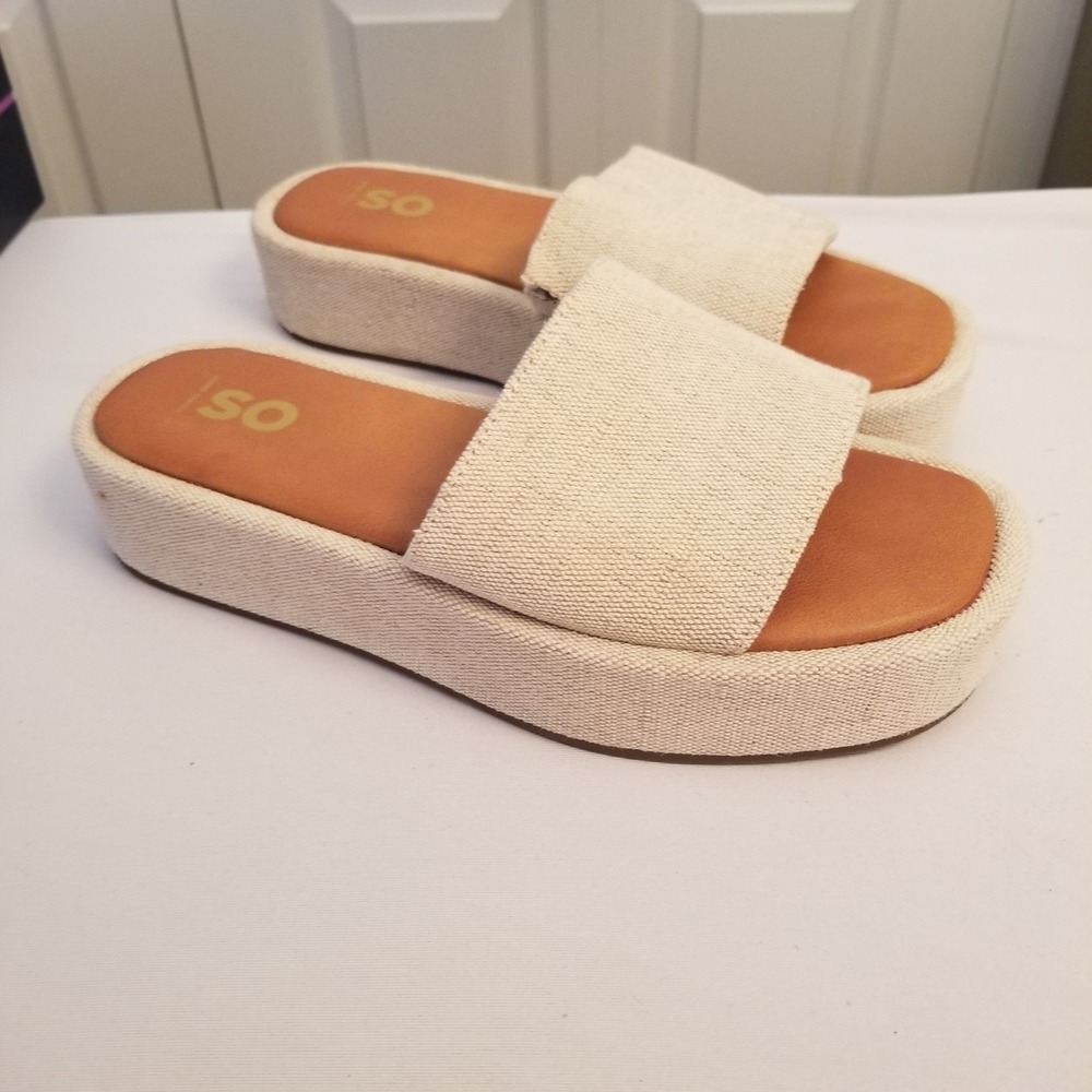 SO Women Platform Slide Sandals Cream Canvas Chunky Sole Slip On Shoes Size 7M